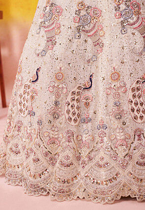 Embroidered Net Lehenga in Cream