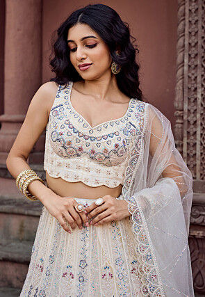 Embroidered Net Lehenga in Cream