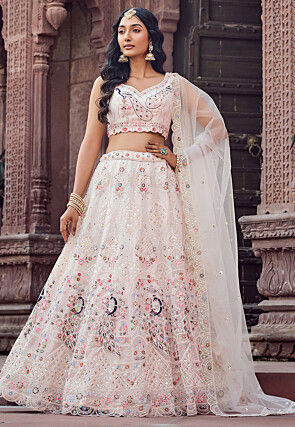Embroidered Net Lehenga in Cream