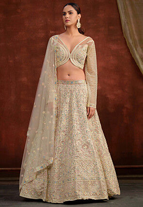 Embroidered Net Lehenga in Cream