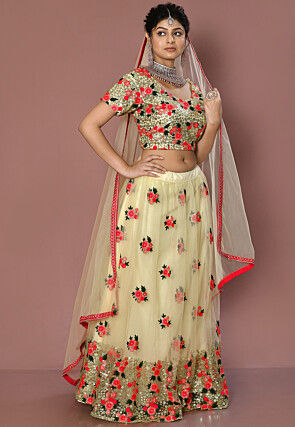 Embroidered Net Lehenga in Cream