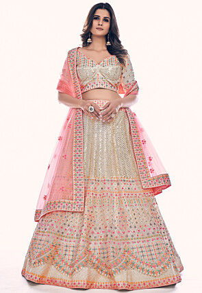 Embroidered Net Lehenga in Cream