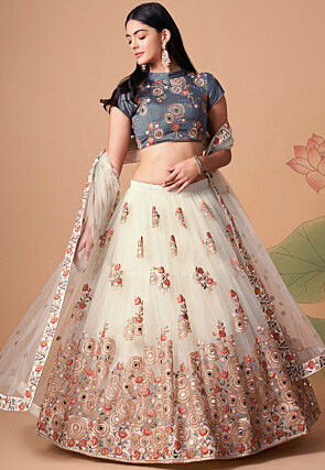 Embroidered Net Lehenga in Cream