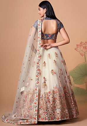 Embroidered Net Lehenga in Cream