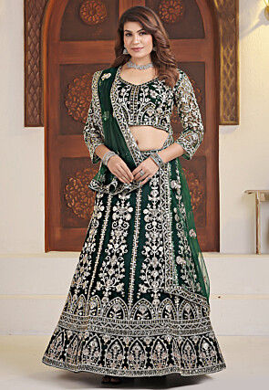 Embroidered Net Lehenga in Dark Green