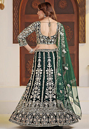 Embroidered Net Lehenga in Dark Green