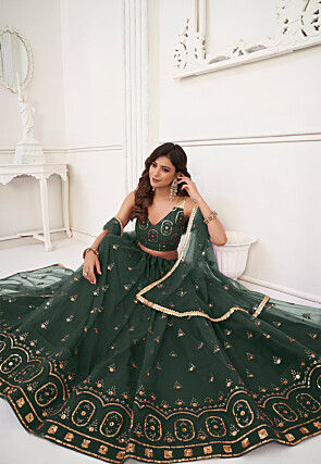 Embroidered Net Lehenga in Dark Green