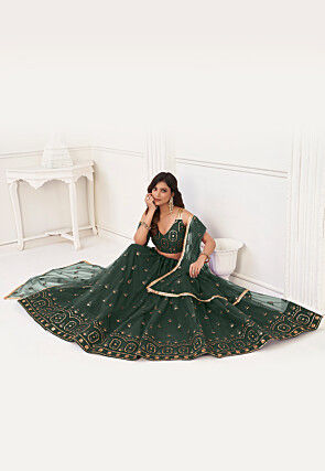 Embroidered Net Lehenga in Dark Green