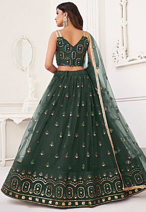 Embroidered Net Lehenga in Dark Green