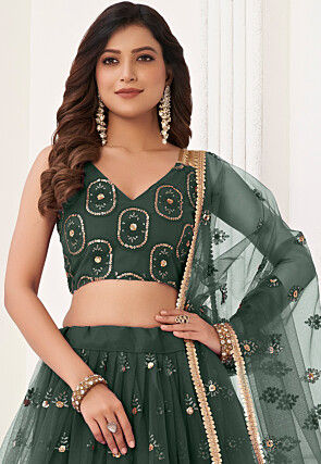 Embroidered Net Lehenga in Dark Green