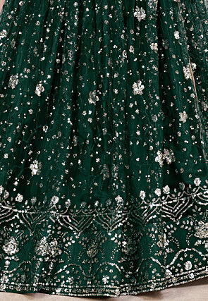 Embroidered Net Lehenga in Dark Green