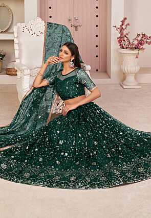 Embroidered Net Lehenga in Dark Green