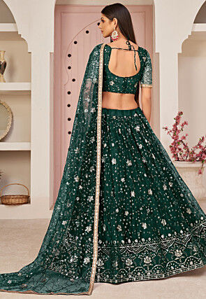Embroidered Net Lehenga in Dark Green
