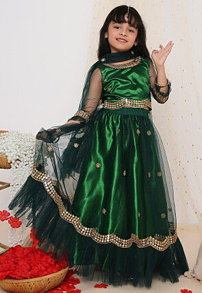 Embroidered Net Lehenga in Dark Green