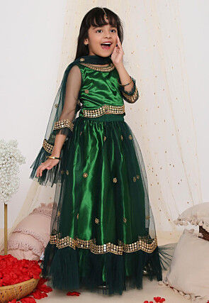 Embroidered Net Lehenga in Dark Green