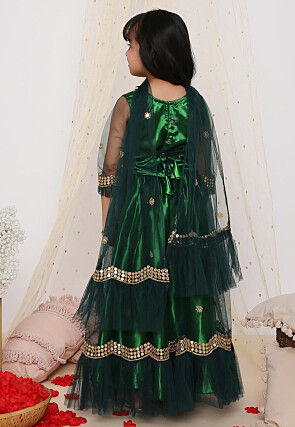Embroidered Net Lehenga in Dark Green