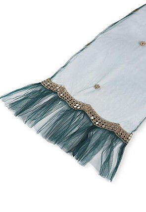 Embroidered Net Lehenga in Dark Green