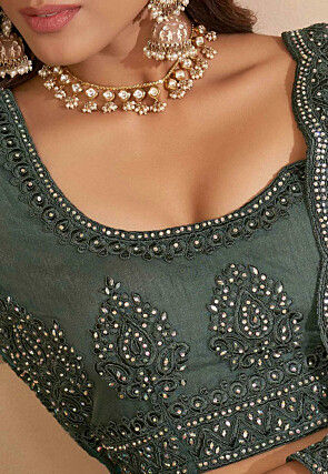 Embroidered Net Lehenga in Dusty Green