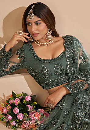 Embroidered Net Lehenga in Dusty Green