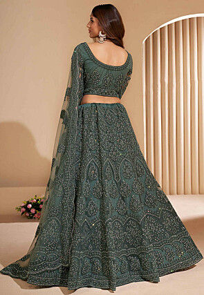 Embroidered Net Lehenga in Dusty Green