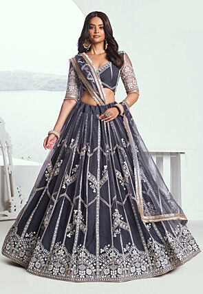 Embroidered Net Lehenga in Dark Grey