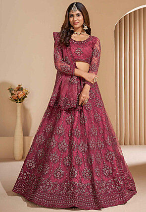 Embroidered Net Lehenga in Dark Old Rose