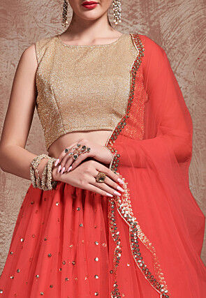 Embroidered Net Lehenga in Dark Peach