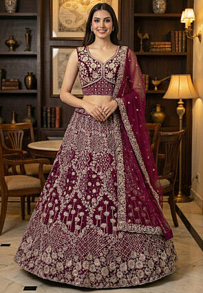 Embroidered Net Lehenga in Dark Purple