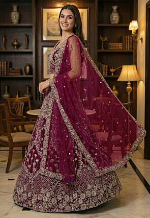 Embroidered Net Lehenga in Dark Purple