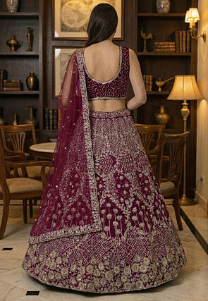 Embroidered Net Lehenga in Dark Purple