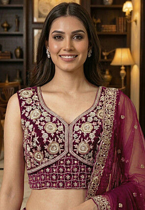 Embroidered Net Lehenga in Dark Purple