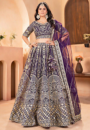 Embroidered Net Lehenga in Dark Purple