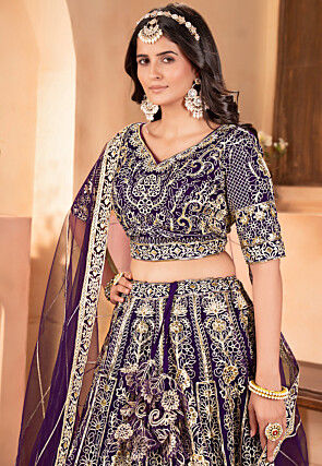 Embroidered Net Lehenga in Dark Purple