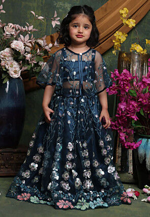 Embroidered Net Lehenga in Dark Teal Blue
