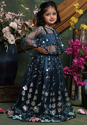 Embroidered Net Lehenga in Dark Teal Blue