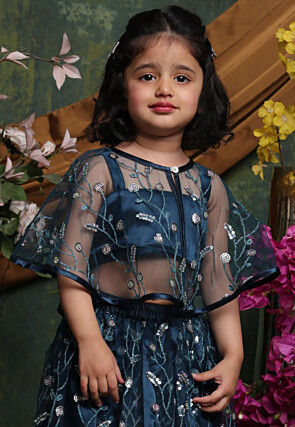 Embroidered Net Lehenga in Dark Teal Blue