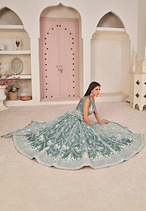 Embroidered Net Lehenga in Dusty Blue
