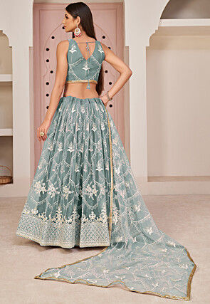 Embroidered Net Lehenga in Dusty Blue