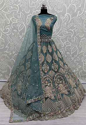 Embroidered Net Lehenga in Dusty Blue