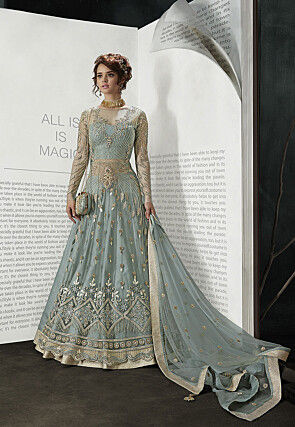 Embroidered Net Lehenga in Dusty Blue