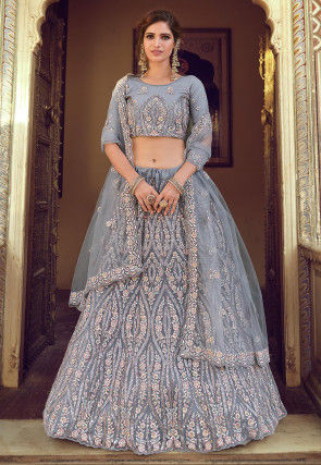 Embroidered Net Lehenga in Dusty Blue
