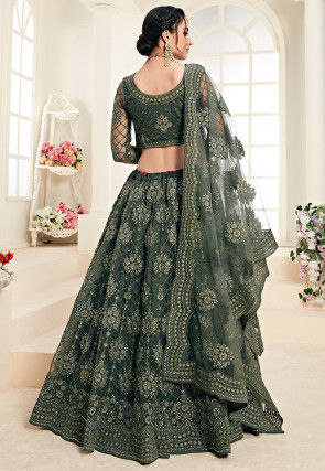 Embroidered Net Lehenga in Dusty Green
