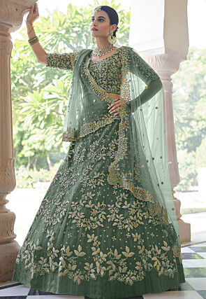 Embroidered Net Lehenga in Dusty Green