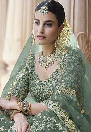 Embroidered Net Lehenga in Dusty Green