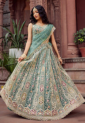 Embroidered Net Lehenga in Dusty Green