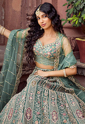 Embroidered Net Lehenga in Dusty Green