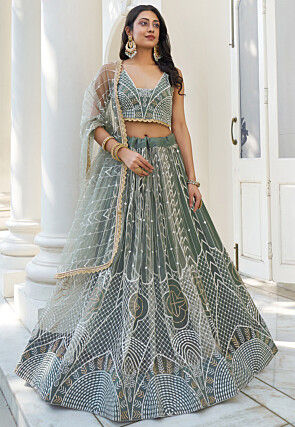 Embroidered Net Lehenga in Dusty Green