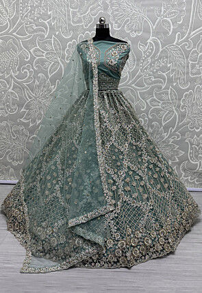 Hand Embroidered Net Lehenga in Dusty Green