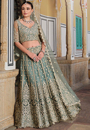 Embroidered Net Lehenga in Dusty Green