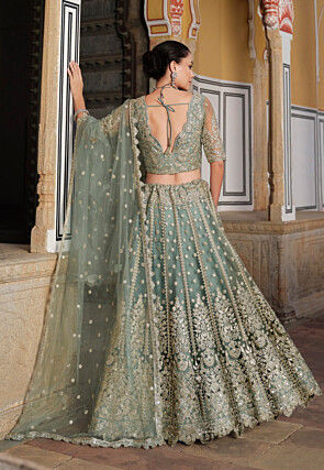 Embroidered Net Lehenga in Dusty Green